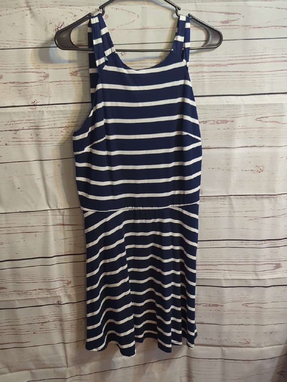 Iz Byer Navy and White Striped Sleeveless Midi Dress